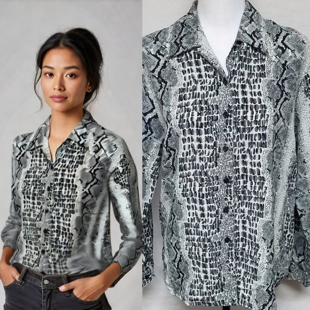 80s Vintage Claudia Richard Black Reptile Snakeskin Print Button Up Blouse 8